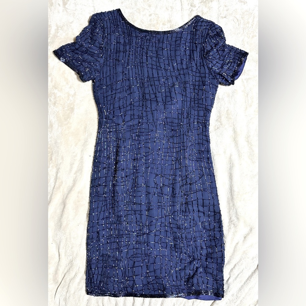 100% Silk Navy Blue Low Back Sequined Short Dress.